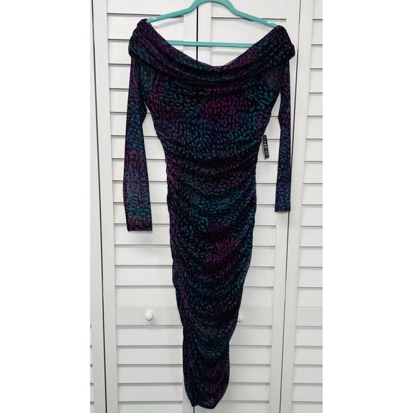 Express Off The Shoulder Long Sleeve Mesh Ruched Bodycon Dress Size Medium NWT - Picture 1 of 10